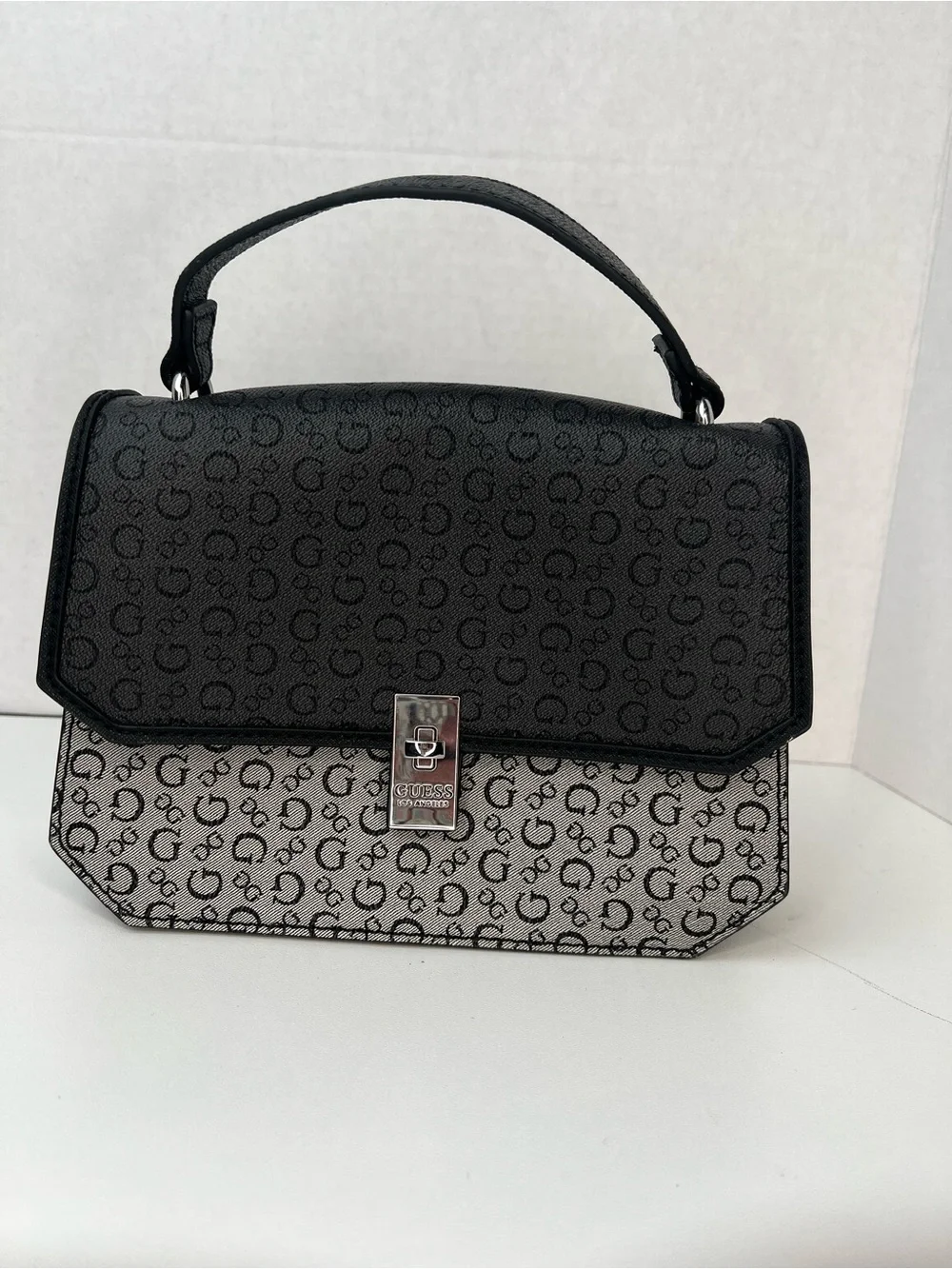 GUESS Black & White Logo Print Top Handle Crossbody Satchel